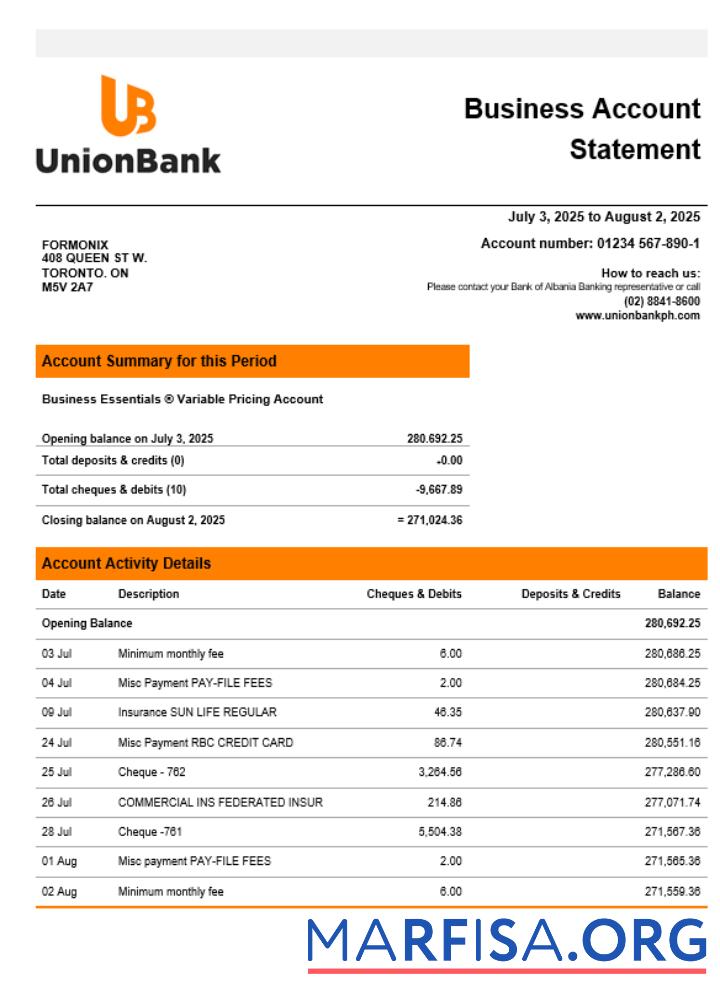 Blank Unionbank company statement Word and PDF format real example